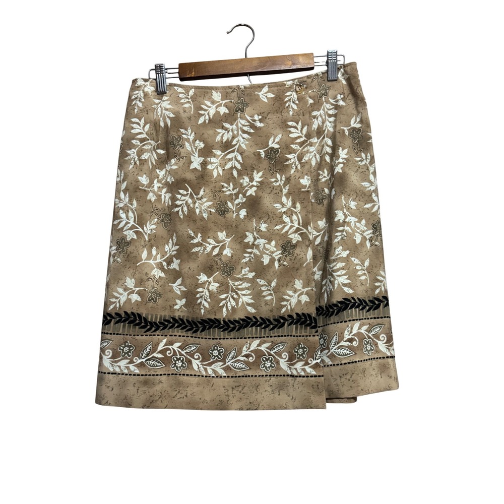 Wrothingon Floral Botanical Wrap Skirt Women Size M Tan‎ Brown Excellent A-Line